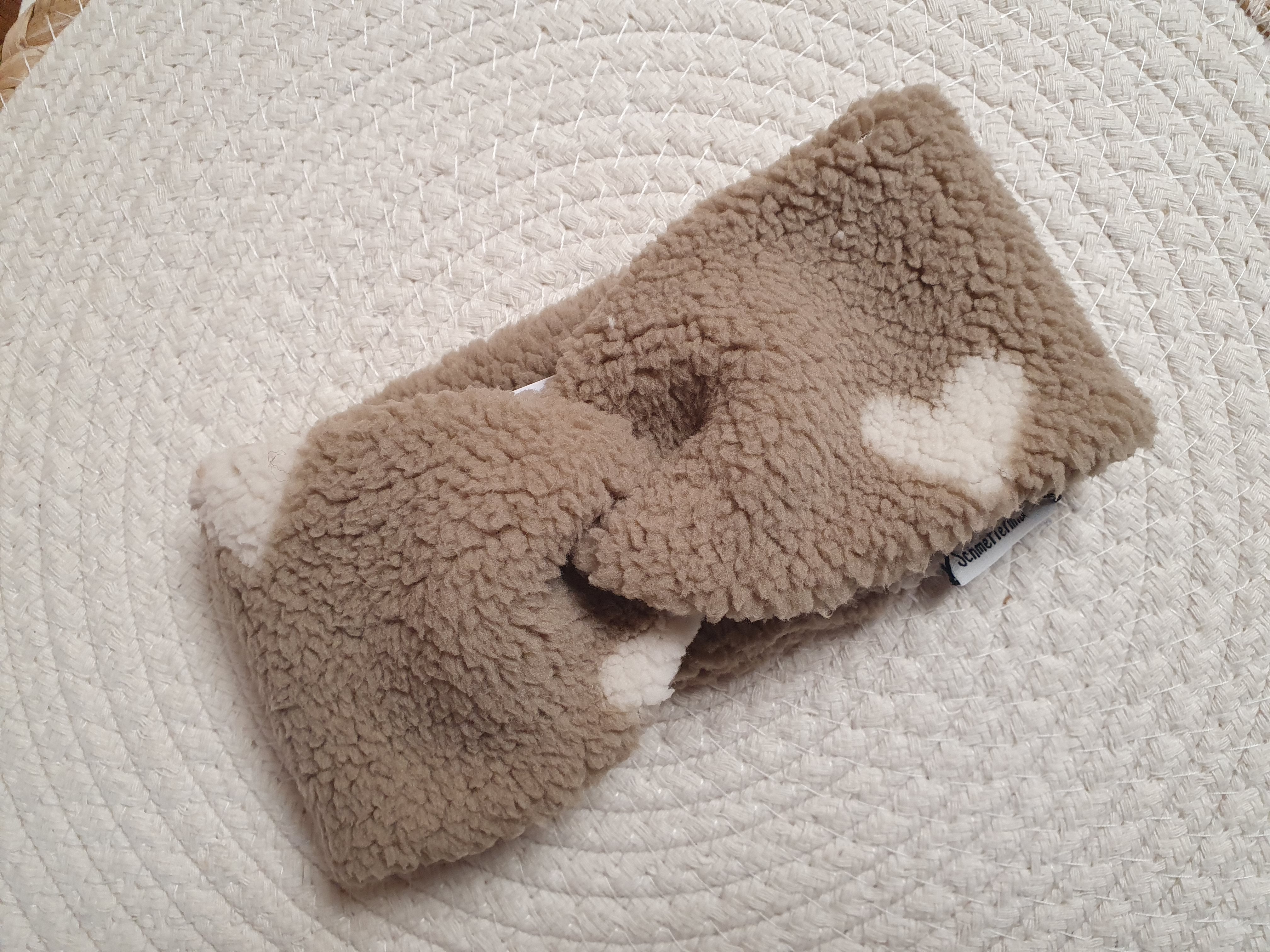 Stirnband Teddyplüsch Herzen dunkelbeige