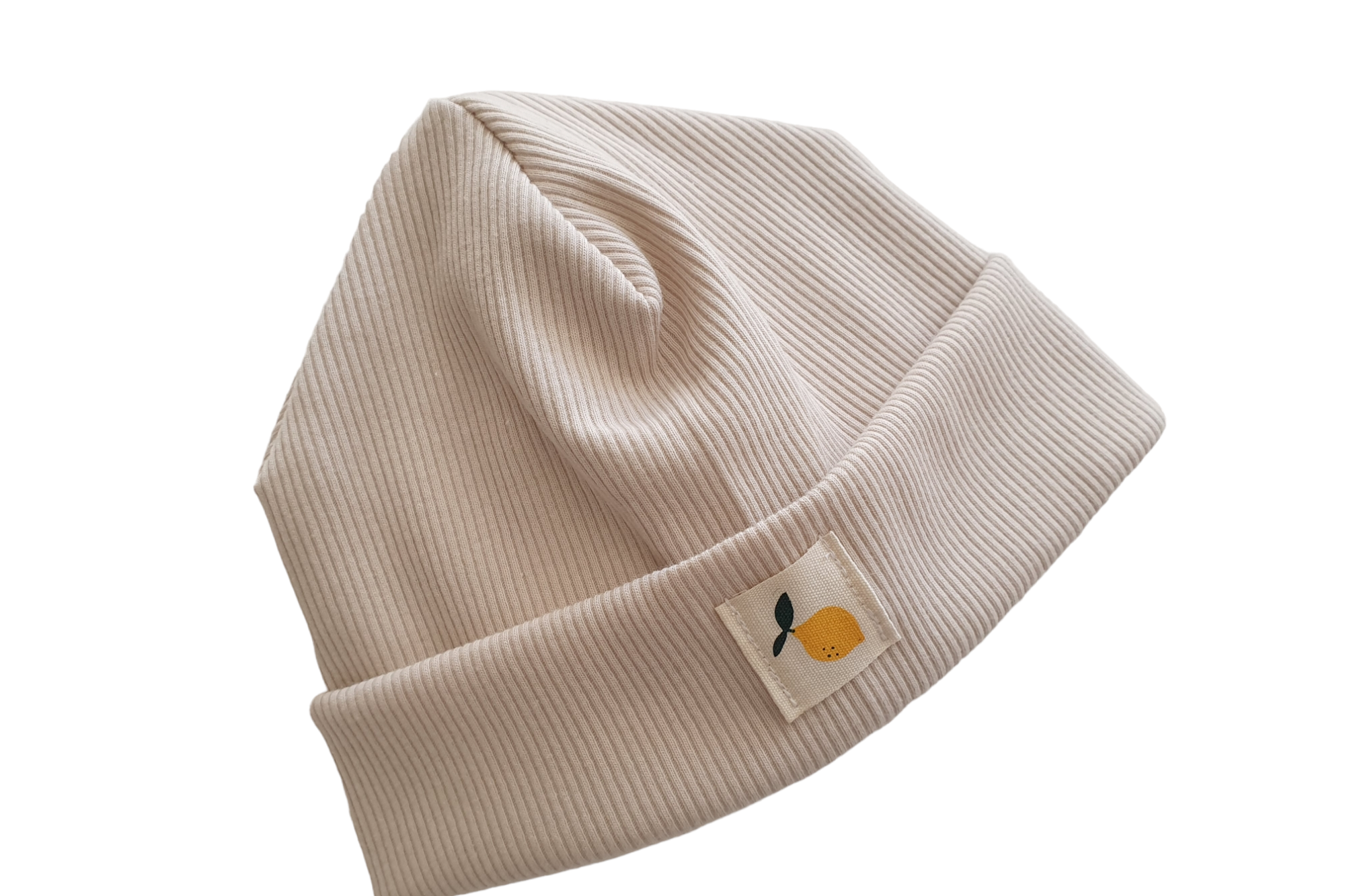 Rib Beanie hellbeige mit Patch Zitrone 